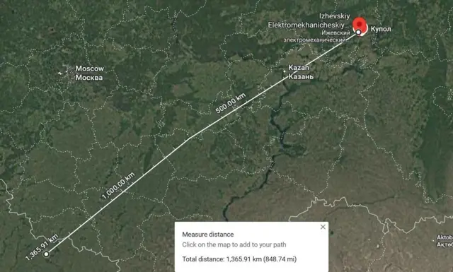 Khoảng cách từ vùng Kharkiv đến nhà máy cơ điện Kupol ở Izhevsk
