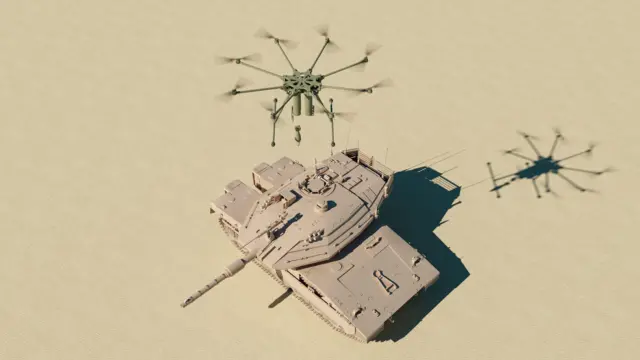 طائرة بدون طيار "مسيرة" تلقي قذيفة على دبابة