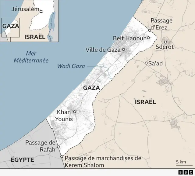 Une carte montrant où se trouvent Gaza, ainsi que l'Égypte et Israël.