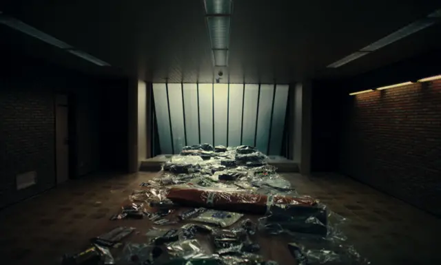 Mesa cubierta con bolsas plásticas que contienen joyas y objetos, en una sala con paredes de ladrillo y gran ventanal al fondo