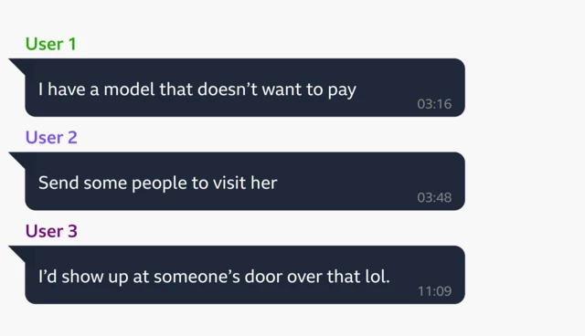 OFM Empire adlı OnlyFans yöneticileri için bir grubun üyeleri arasında Telegram"da gerçek bir alışverişin maket örneği. Kullanıcı 1 diyor ki: "Ödemek istemeyen bir modelim var". Kullanıcı 2: "Onu ziyaret etmeleri için bazı insanları gönder" ve ardından Kullanıcı 3: "Bunun üzerine birinin kapısına gelirdim lol."