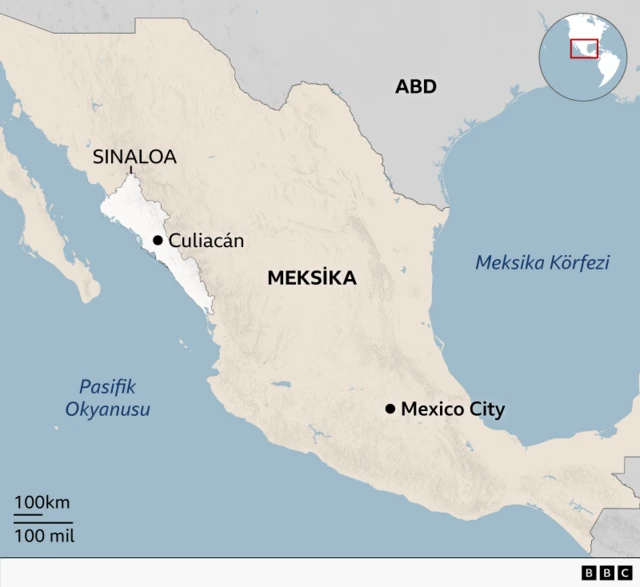Meksika'nın Pasifik kıyısına yakın Culiacan şehrinin konumunu gösteren bir harita. Sinaloa eyaleti ve ABD ile olan sınır da haritada gösteriliyor.