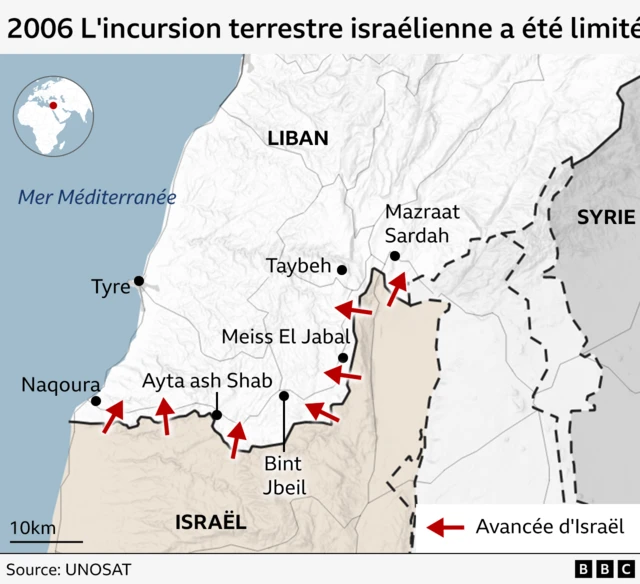 Carte montrant l'incursion terrestre israélienne de 2006 couvrant une zone limitée du Sud-Liban