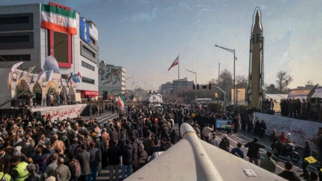 نمایشی از پهپاد و موشک و جمعیتی که در جلوی جایگاه سخنرانان ایستادهاند