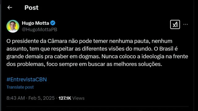 Reprodução de post do Hugo Motta na rede social X