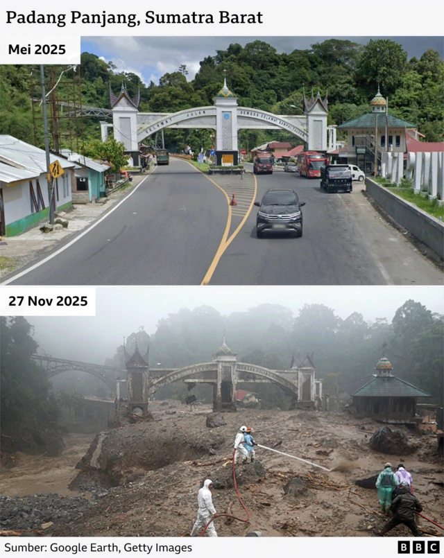 Jembatan Kembar dan sebuah gapura selamat jalan yang menghubungkan kota dengan berpenduduk 63 ribu orang ini tampak hancur lebur serta terendam lumpur.