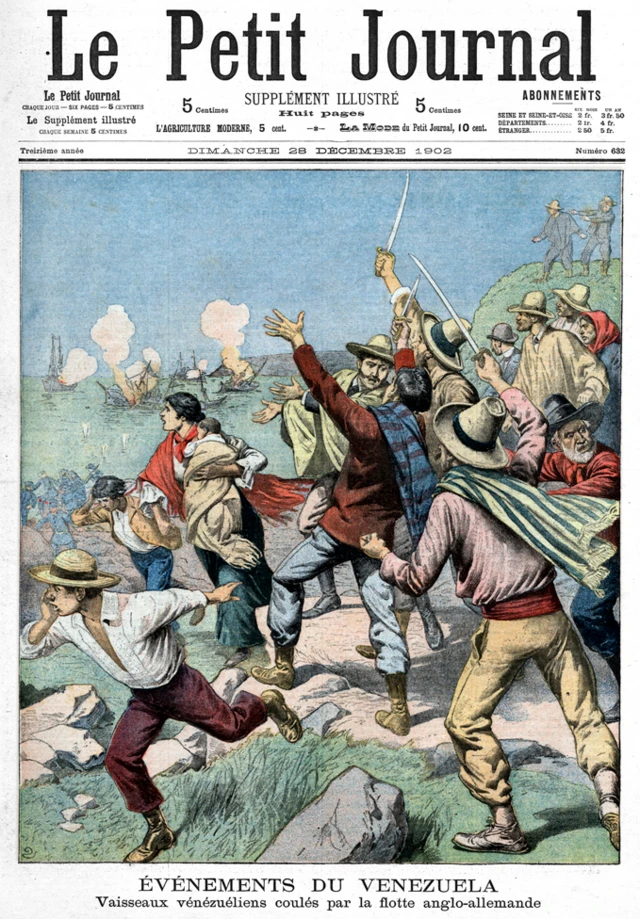 A lo lejos se ve la flota anglo-alemana y buques venezolanos que se hunden ante la angustia de civiles venezolanos y en el primer plano están civiles, entre ellos una mujer con un bebé en los brazos y una niño que toma de la mano, un hombre mayor, hombres que corren y otros que levantan espadas
