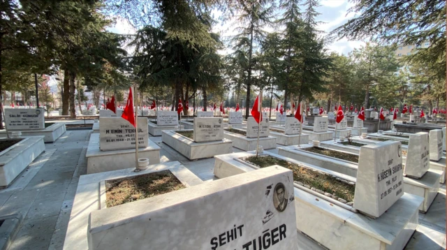 Yan yana mezar taşları, üzerinde Türk bayrakları