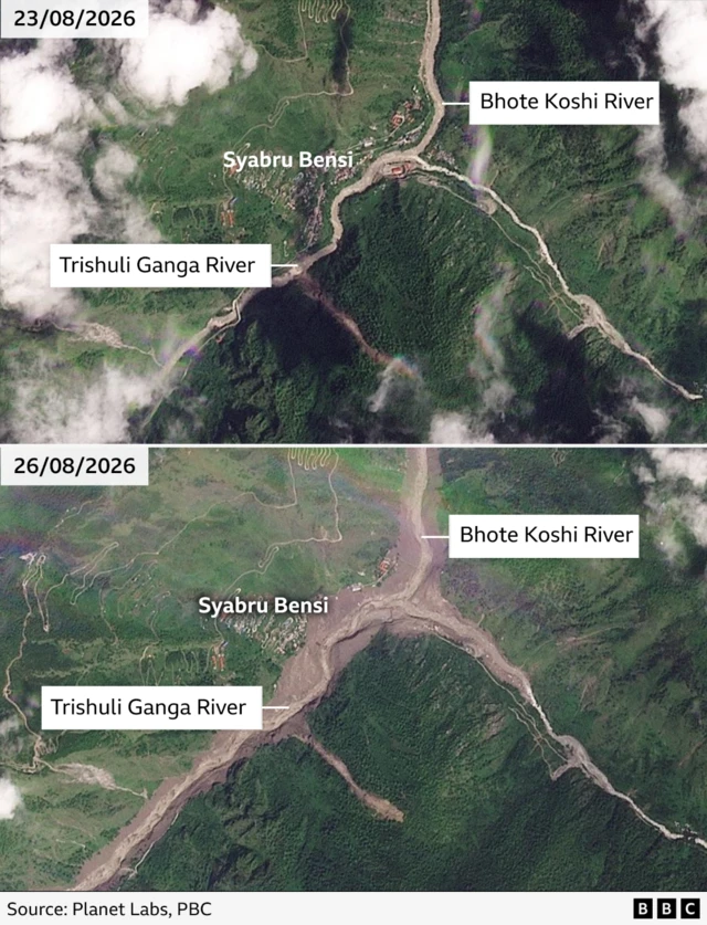 Aerial images showing a before and after of the Trishuli river on 23 and 26 August. In the second photo, brown sediment can be seen spilling out over the banks.