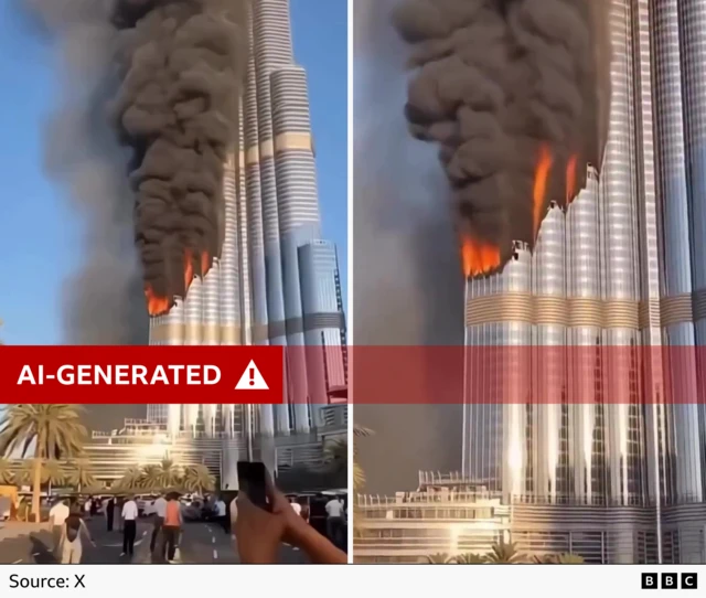 Two screenshots from the AI-generated video with a red "AI-generated" label