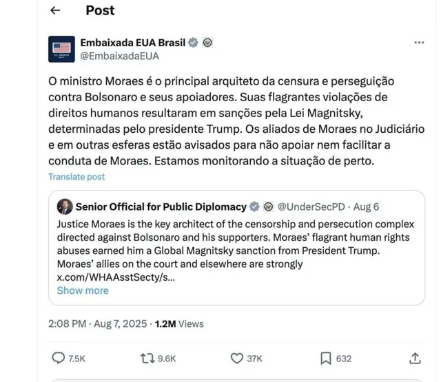 Print de post da Embaixada dos EUA no Brasil feito no dia 8 de agosto, no X