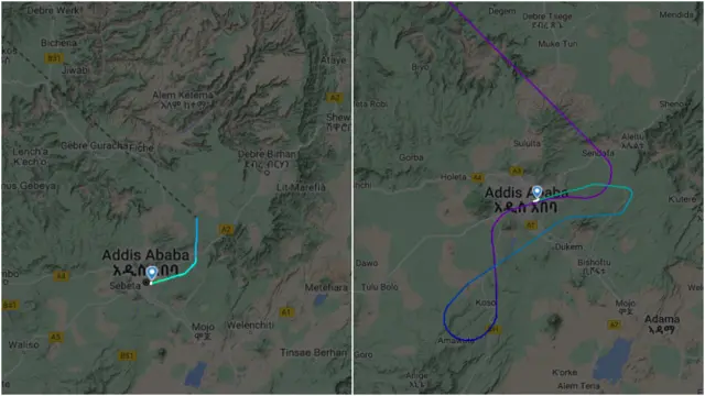 የኢቲ343 ቦሌ ዓለም አቀፍ አየር ማረፊያ ለማረፍ የሄደበት አቅጣጫ እሁድ (ግራ) እና ሰኞ (ቀኝ) ነሐሴ 9/2014 ዓ.ም።