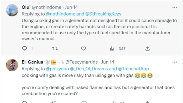 Screen grab of pipo reactions to using cooking gas for generator