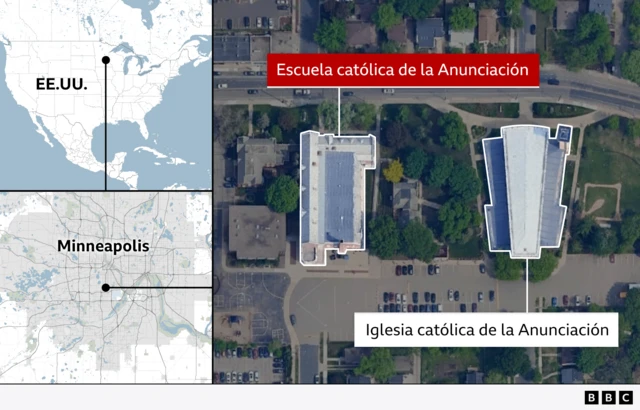 Mapa de la ubicación de la escuela y la iglesia atacada.