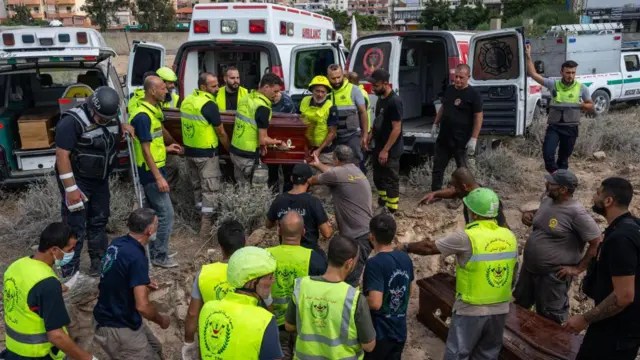 إنزال نعش في الأرض خلال جنازة خمسة من العاملين في الدفاع المدني الذين قتلوا في هجوم إسرائيلي على قرية دردغيا في جنوب لبنان، في 10 أكتوبر 2024 في صور، لبنان