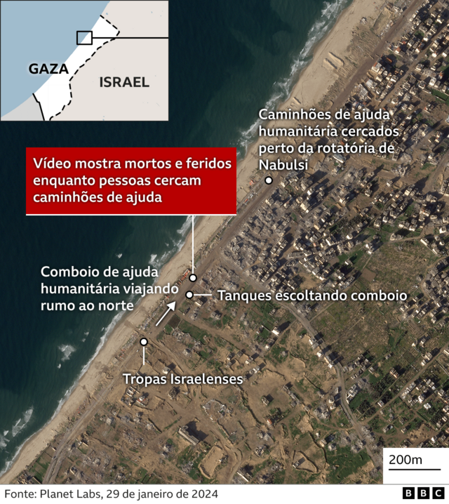 Gráfico mostra o local da ajuda humanitária em que civis foram atacados
