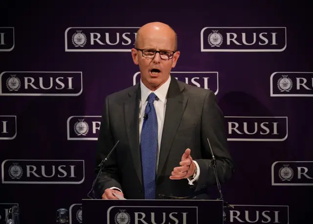 Sir Jeremy Fleming, director of GCHQ, delivers the third annual Royal United Services Institute (RUSI) Security Lecture at The Science Gallery in London