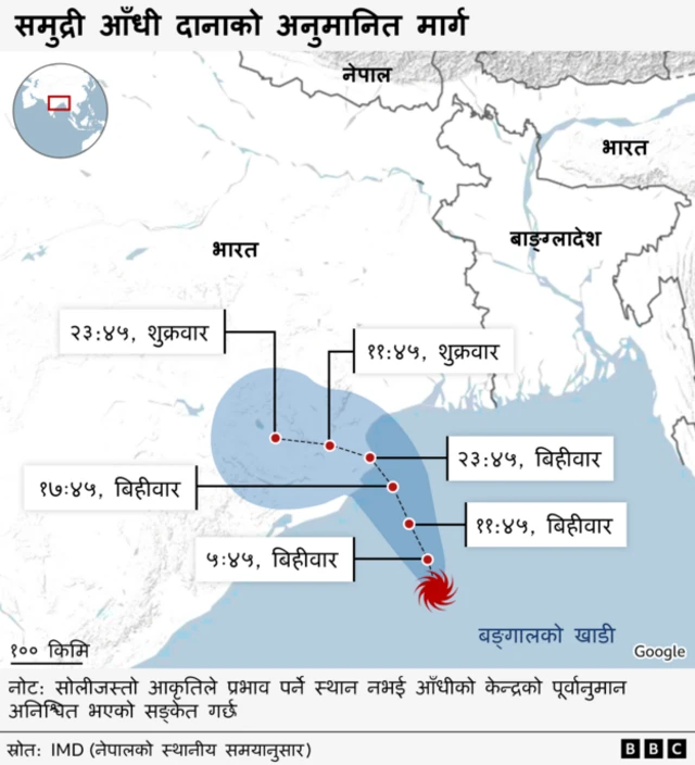दानाको अनुमानित मार्ग 