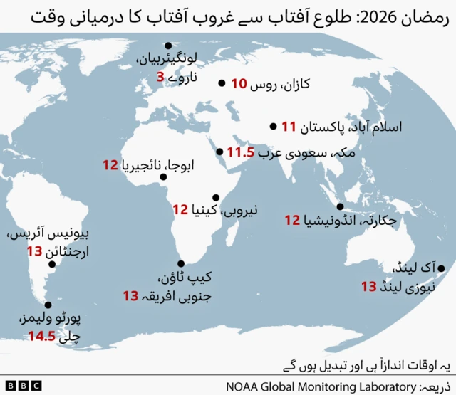 دنیا کے مختلف شہروں میں روزے کے دورانیے کا چارٹ