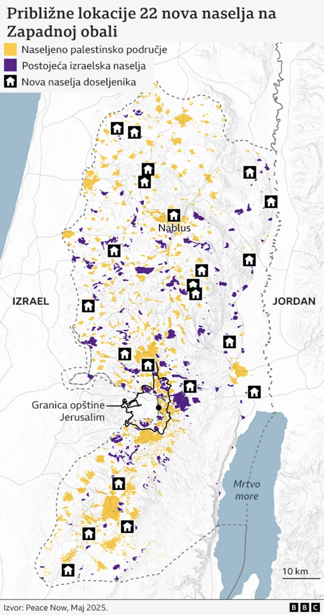 Mapa Izraela i Palestine koja prikazuje naseljena mesta na okupiranoj Zapadnoj obali