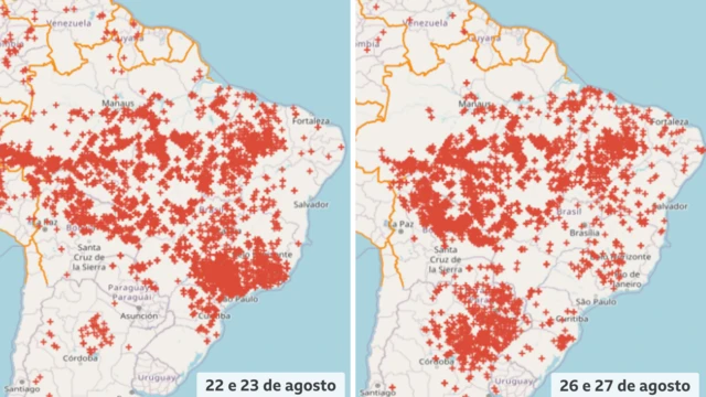 Imagens disponibilizadas pelo Inpe mostram os focosvbet russiaincêndio no país: focosvbet russiaSão Paulo foram muito acima do normal entre os dias 22 e 23vbet russiaagosto, mas foram apagados nos últimos dias com a ajuda da frente fria