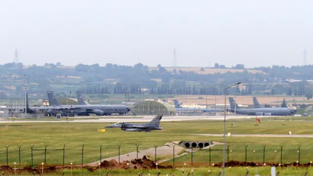 İncirlik Üssü'nde ABD savaş uçaklarının göründüğü bir fotoğraf. Pist, hangarlar, bir savaş jeti ve büyük kargo uçakları yer alıyor.