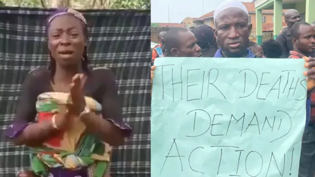 Arabinrin kan pọn ọmọ sẹyin, o si n sunkun, ọkunrin kan to de fila funfin mu iwe ilewọ dani