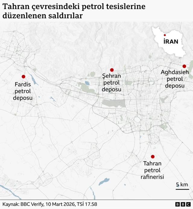 Harita İran'da vurulan petrol depolarının yerini gösteriyor