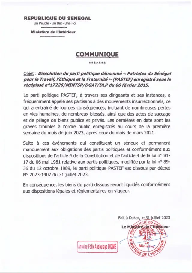 Communiqué du Ministère de l'Intérieur du Sénégal