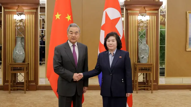 中國外交部長王毅(左)在朝鮮平壤錦繡山國賓館與朝鮮外務相崔善姬會晤時握手致意