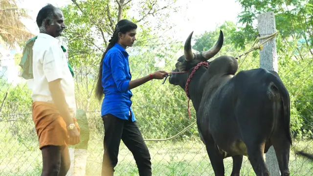 தந்தை முத்துவுடன் யோகதர்ஷினியும் காளையும்