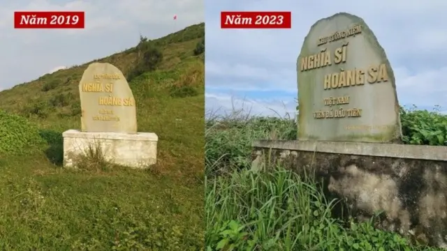Viên đá đầu tiên của Khu tượng đài nghĩa sĩ Hoàng Sa ở Lý Sơn cỏ mọc um tùm và có dấu hiệu xuống cấp vào năm 2023