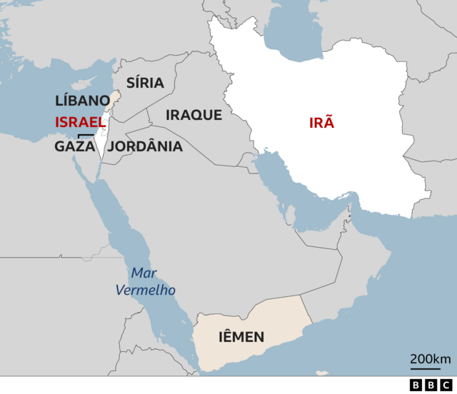 Mapa mostrando Irã e Israel