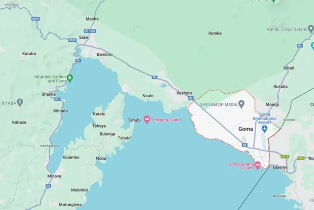Igice c'ikarata ndondagihugu yerekana ibisagara n'amabarabara yo hafi ya Goma