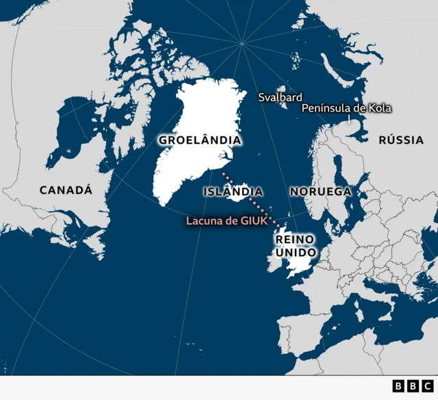 Mapa mostra localização da Lacuna GIUK entre Groenlândia, Islândia e Reino Unido