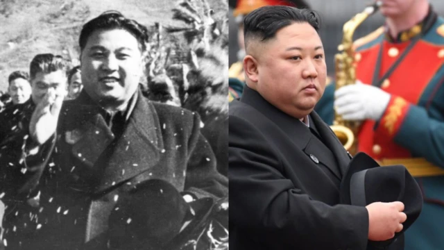 북한 내 중공군이 철수를 시작했을 당시의 김일성 주석(왼쪽), 2019년 4월 26일 러시아 블라디보스토크 기차역에서 평양으로의 귀환을 준비하는 김정은 위원장