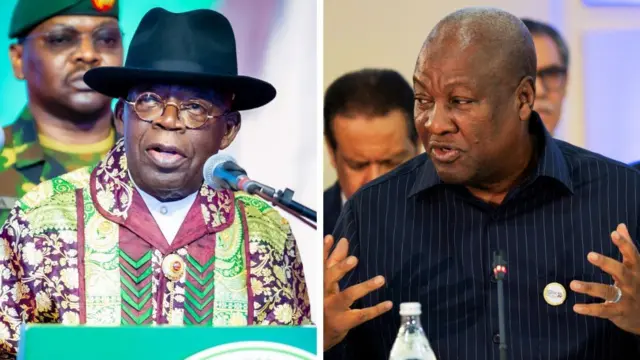 Collage of images of Presidents Bola Tinubu and John Mahama of Nigeria and Ghana respectively