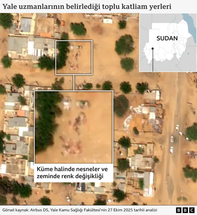 Uydu görüntülerinde katliam alanları işaretlenmiş