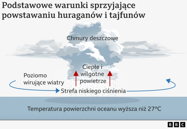 Diagram pokazujący formowanie się cyklonu tropikalnego — unoszące się nad morzem gorące i wilgotne powietrze pozostawia po sobie strefę niskiego ciśnienia.