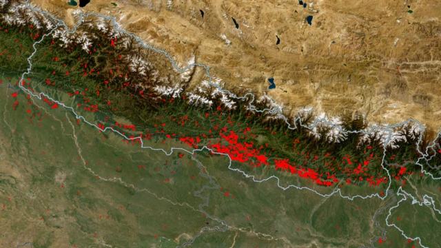मङ्गलवार लिइएको नासाको विवरणमा डढेलो लागेको हुनसक्ने देखिएको क्षेत्र