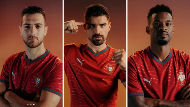 Diogo Dalot (left), Ruben Neves (middle) and Nelson Semedo (right) in 2026 Portugal home shirt.
