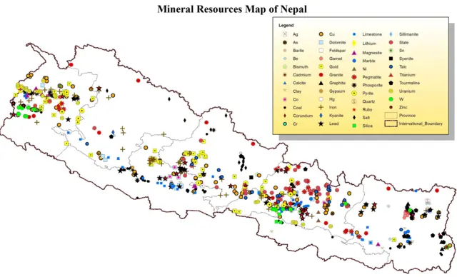 खानी तथा भूगर्भ विभागले नेपालका विभिन्न स्थानमा फेला परेका खनिज पदार्थ देखाउने नक्सा 