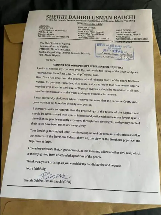 Aworan iwe to gbode pe Sheikh Dahiru kọ sí adajọ agba Naijiria 