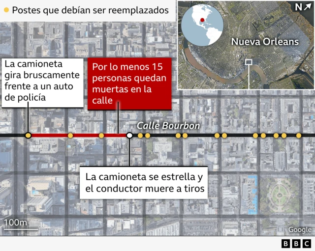 Mapa con el detalle de donde ocurrió la arremetida de la camioneta en Nueva Orleans