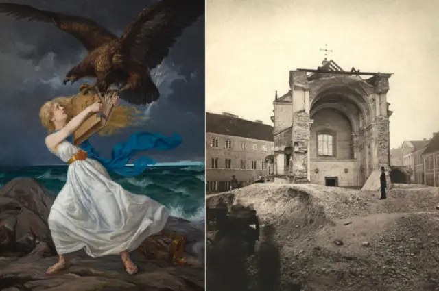Bức tranh “The Attack” (đại bàng Nga xé cuốn sách Luật của thiếu nữ Phần Lan) của Edvard Isto và nhà thờ Thánh Joseph của Lithuania bị Nga hoàng phá hủy