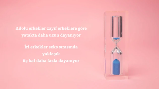 Kum saatinin bulunduğu fotoğrafta, "Şişman erkekler zayıf erkeklere göre yatakta daha uzun süre dayanabilir. Daha iri erkeklerin seks sırasında yaklaşık üç kat daha fazla dayanıklılığı vardır" yazıyor.