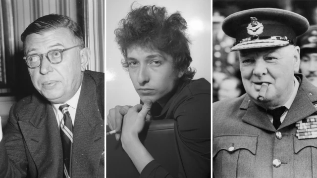 Montagemaviador estrela bettrês fotografiasaviador estrela betpreto e branco mostram,aviador estrela betordem, o francês Jean-Paul Sartre, o americano Bob Dylan e o inglês Winston Churchill