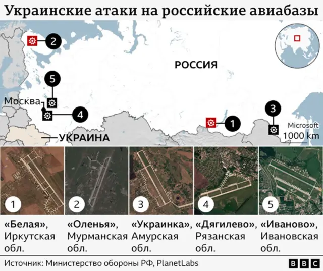Карта атак украинских беспилотников на российские авиабазы