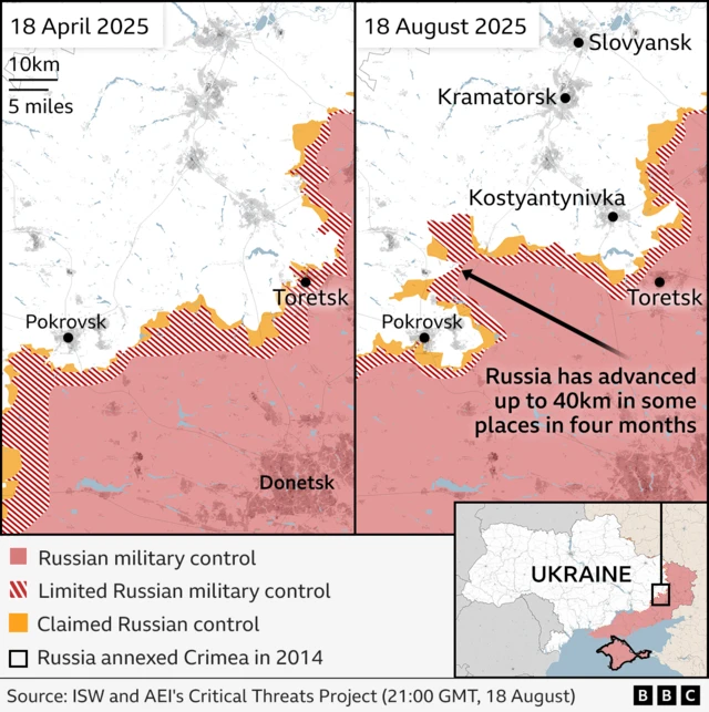 A map shows recent Russian advances in eastern Ukraine.