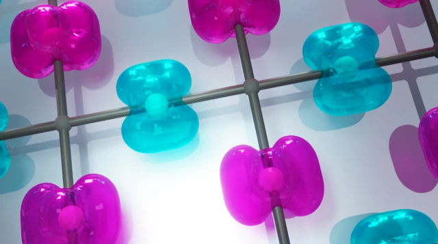 แบบจำลองแม่เหล็กชนิดที่ค้นพบใหม่ อิเล็กตรอนในอะตอมที่อยู่ติดกันจะหมุนไปในทิศทางตรงข้าม (ในภาพจะมีสีต่างกัน) และวางตัวในโครงสร้างของอะตอมด้วยลักษณะที่ต่างกัน (ในภาพจะมีรูปทรงต่างกัน)